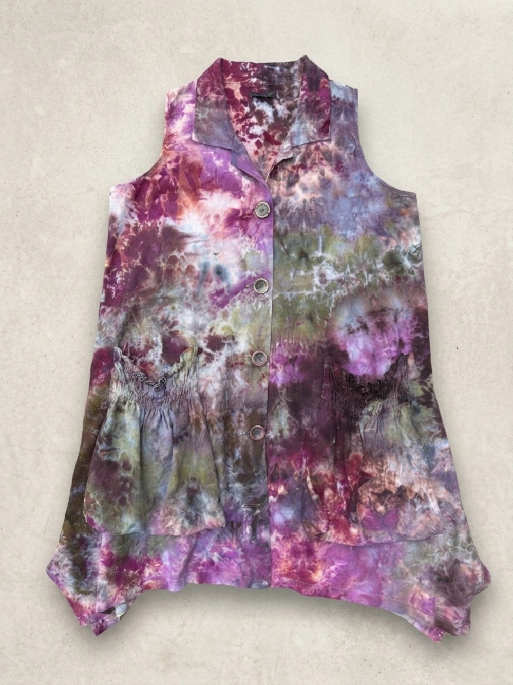 For Cynthia Ice Dyed Sleeveless Button Front Tunic Top - Pockets